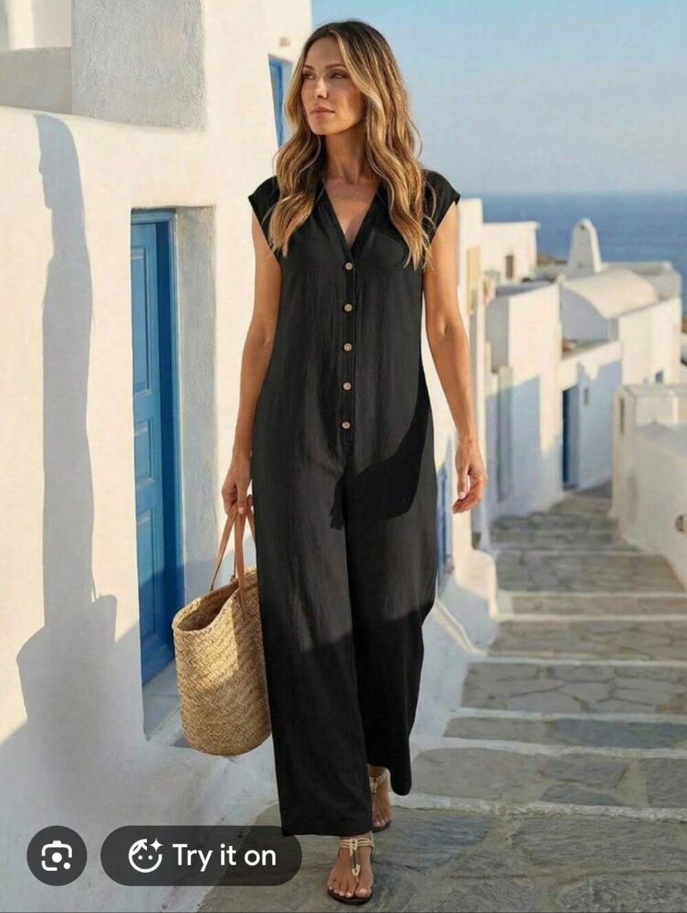 Sleeveless Black Button-Front V-Neck Jumpsuit
